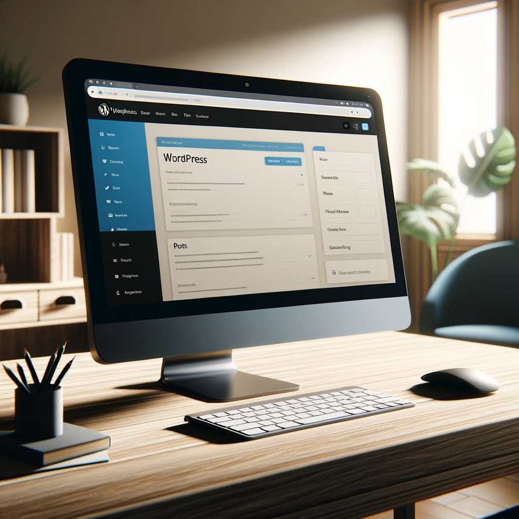 Keene Marketing Agency Wordpress Design dashboard open on a desktop computer screen in a modern office setup with a wooden desk and plant decor in Keene.