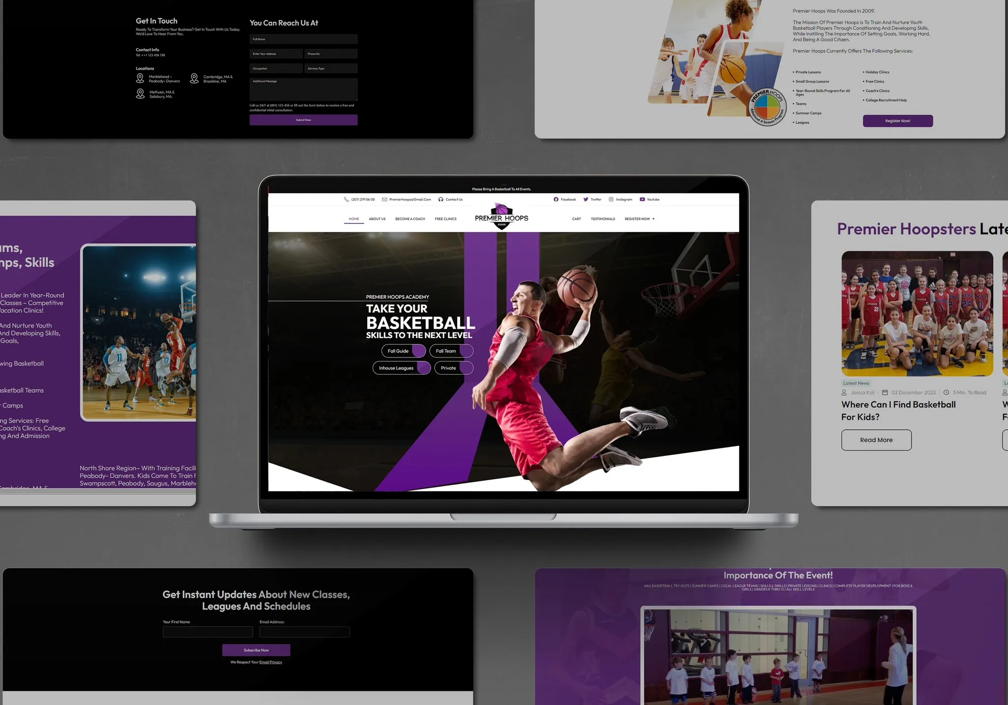 Keene Marketing Agency Various digital devices displaying a basketball-themed website from the Wunderkind Marketing Portfolio, featuring images of players, schedules, and sign-up forms.