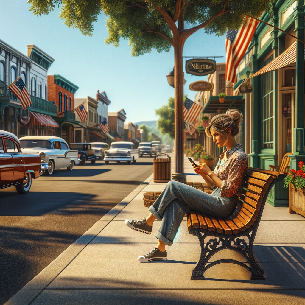 Keene Marketing Agency A woman sits on a bench, managing social media for businesses, on a sunny, picturesque street with vintage cars and American flags.