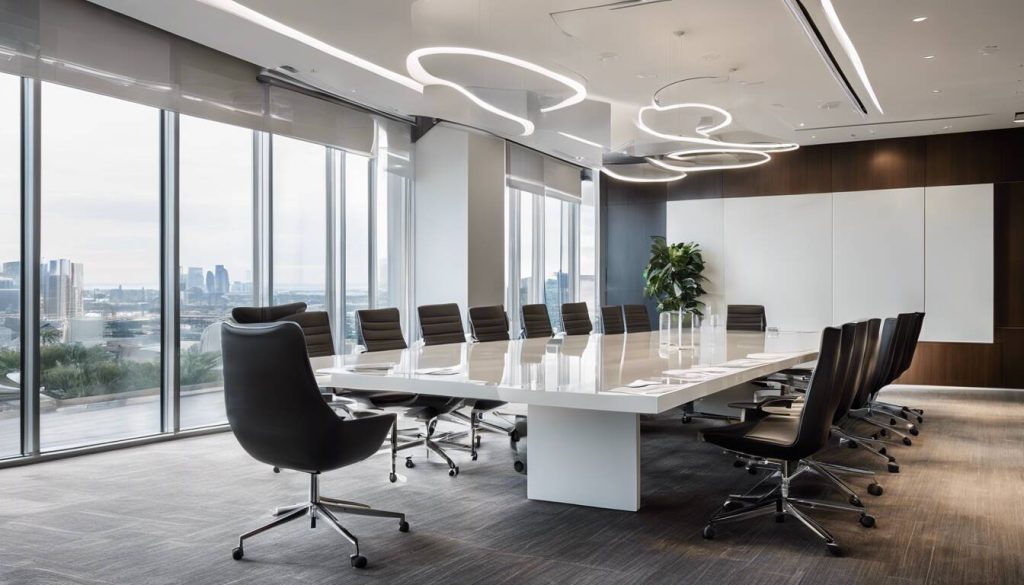 Keene Marketing Agency Modern boardroom designed for marketing strategy sessions, featuring a long white table, black chairs, and unique overhead lighting, plus large windows with a panoramic city view.