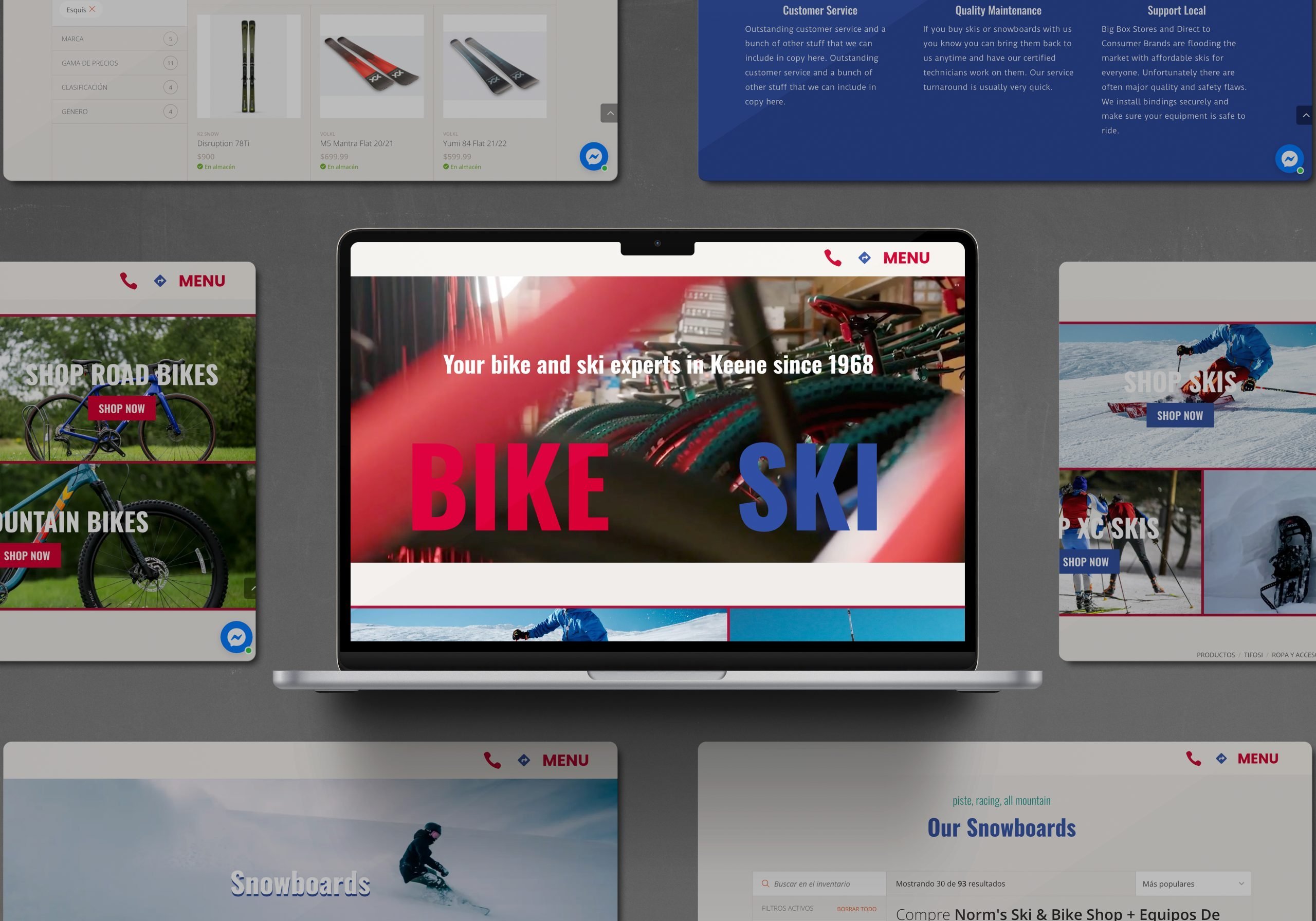 Keene Marketing Agency A laptop screen displaying a website homepage for a bike and ski shop, surrounded by various web design elements and branding services icons.
