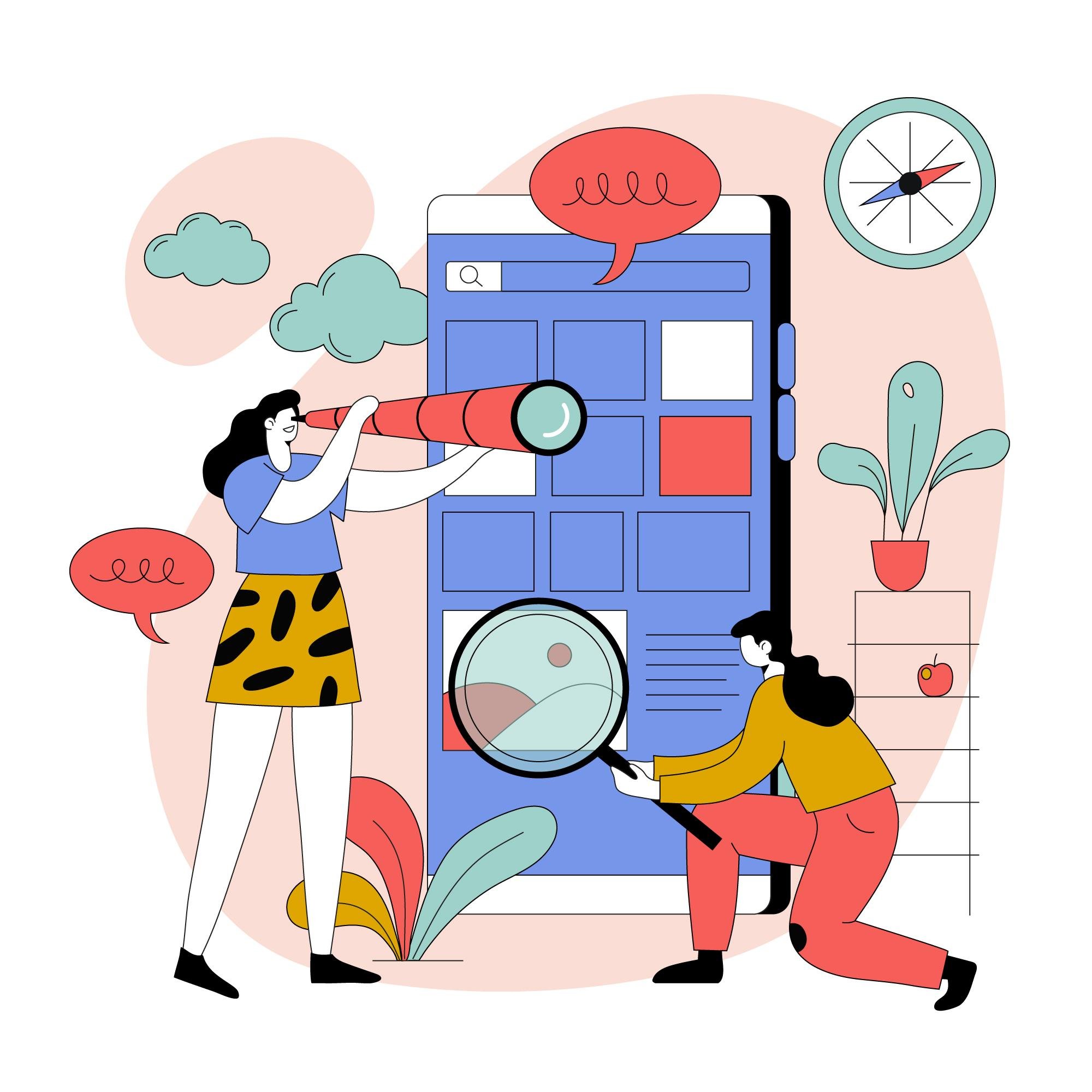 New Hampshire Two people examine a large smartphone with a telescope and magnifying glass, surrounded by speech bubbles, a compass, plants, and abstract shapes—highlighting search engines: the #1 way to find local products online. Marketing Agency