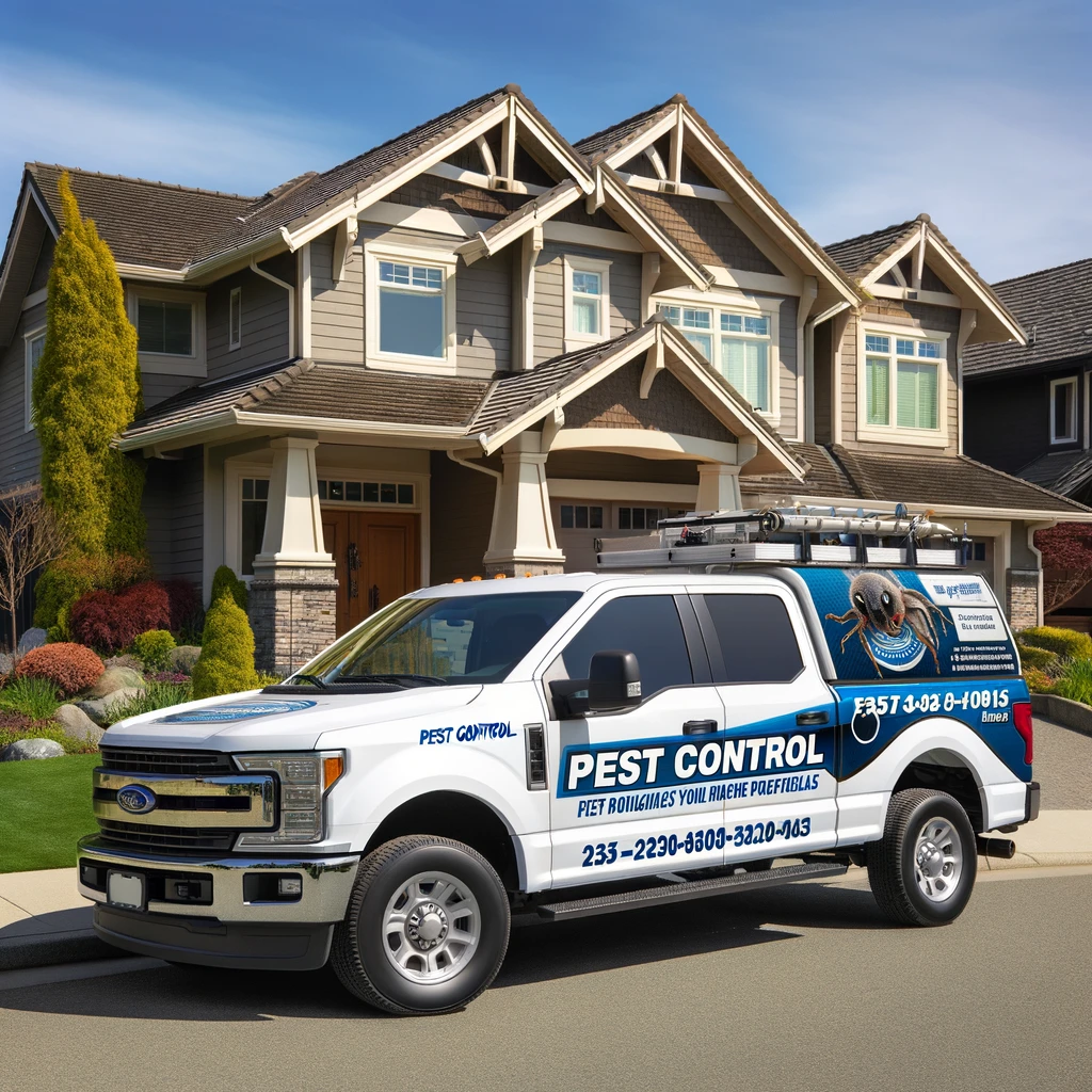 Keene Marketing Agency A pest control service truck parked in front of a suburban house on a sunny day. the truck is marked with company branding and contact information.
