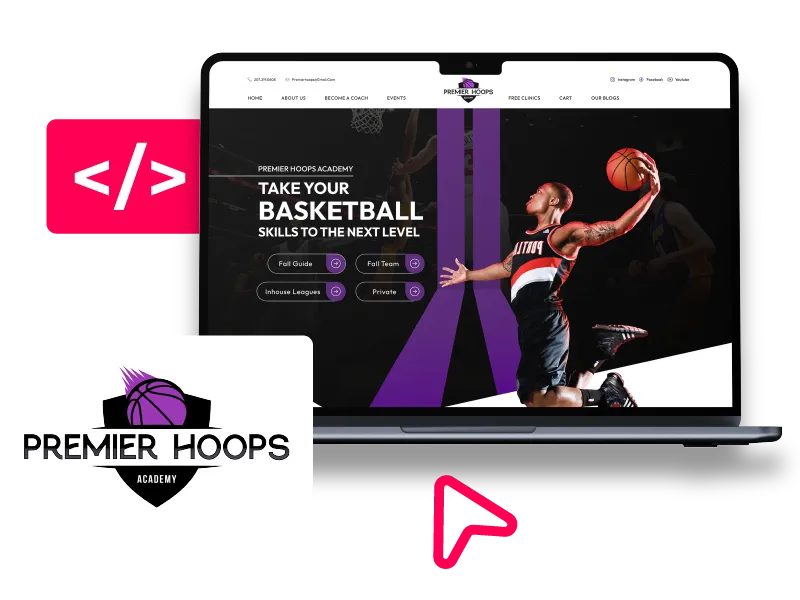 Keene Marketing Agency A laptop displays a basketball academy website with a player dunking on the screen. Alongside are icons for coding and the academy logo.