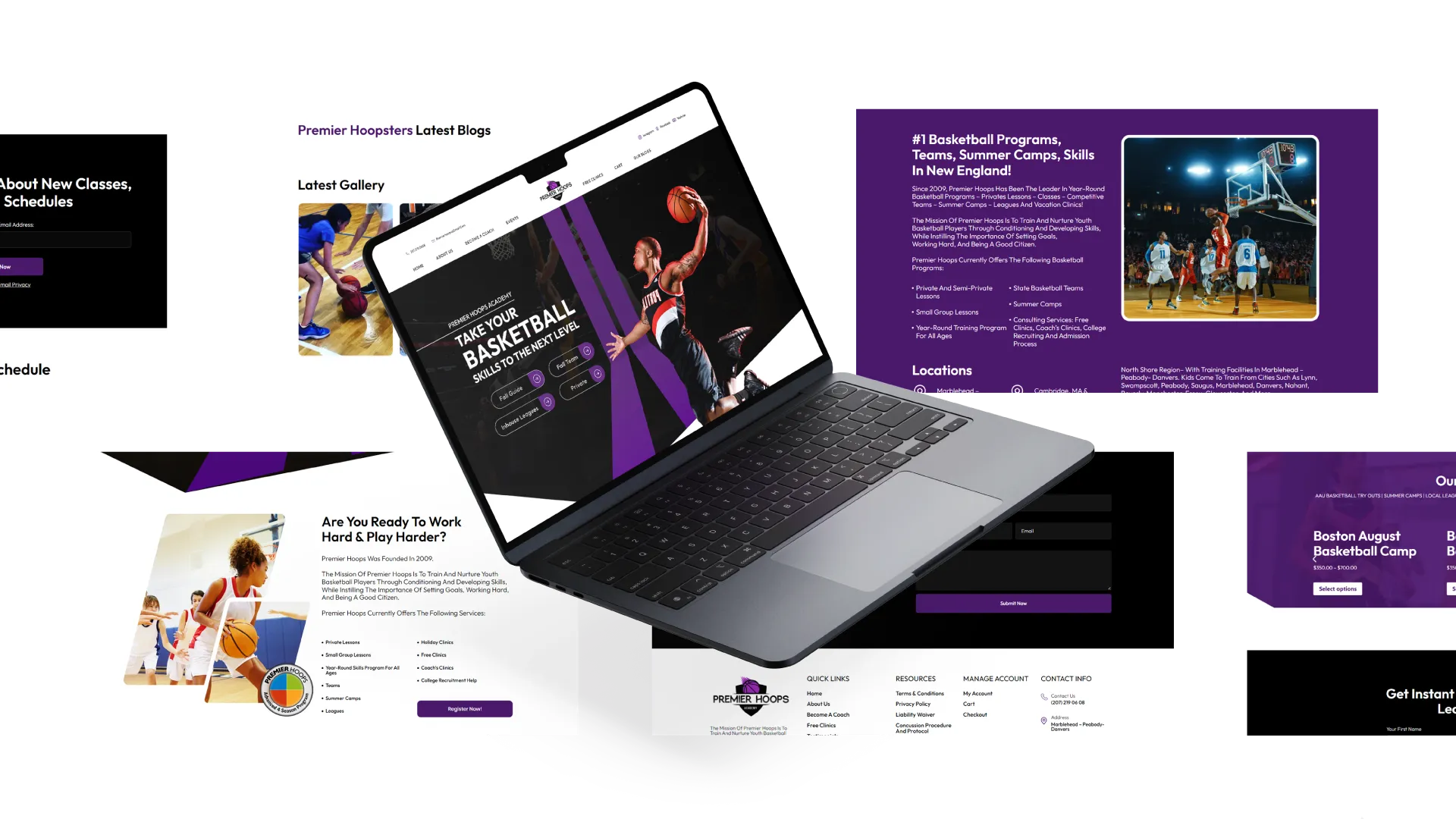 Keene Marketing Agency A laptop displaying a basketball website is centered, with various sections of the website, including an event schedule and player gallery, shown in the background. The color scheme prominently features purple.