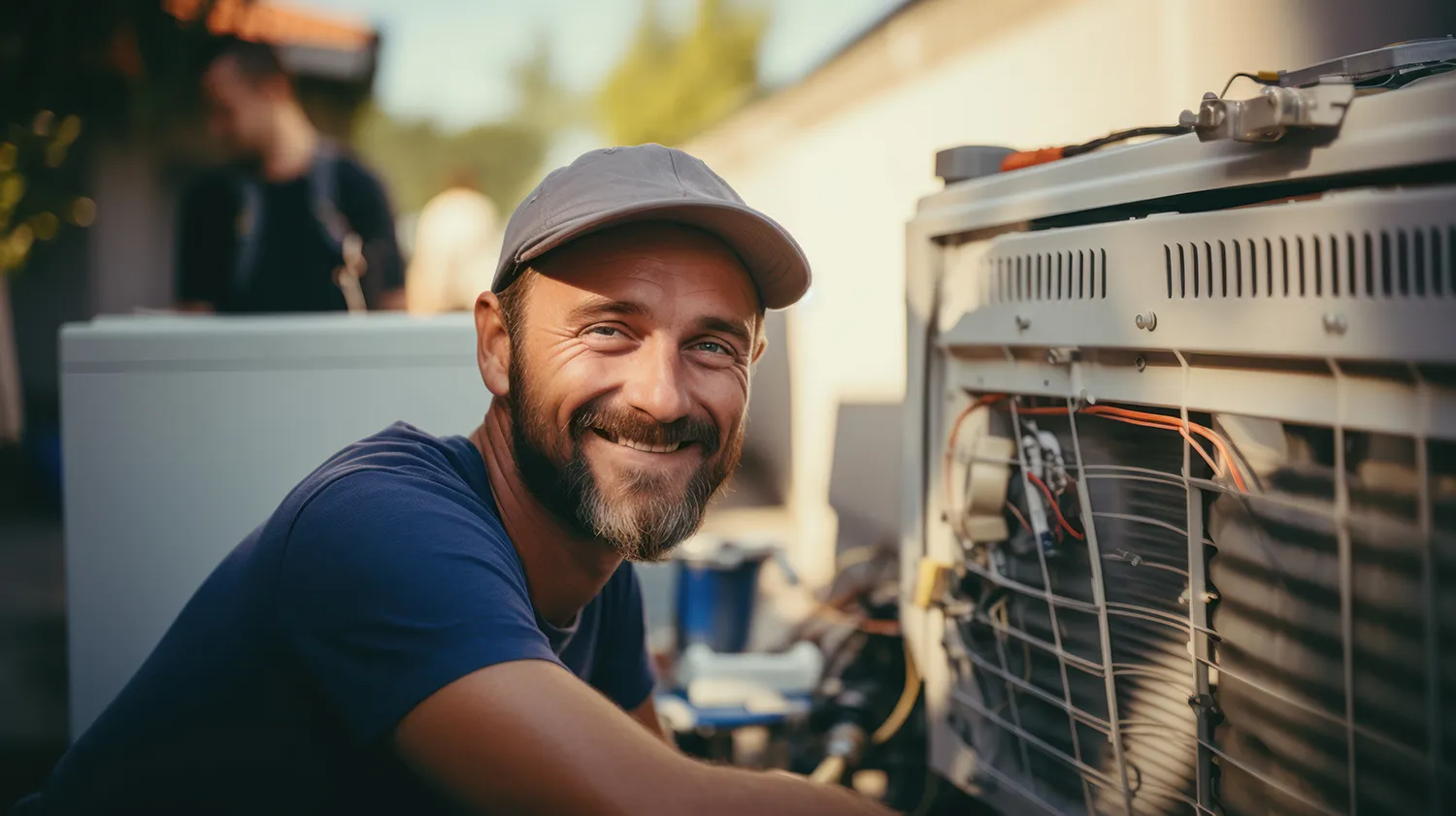 Keene Marketing Agency A smiling man wearing a cap servicing an outdoor air conditioning unit.