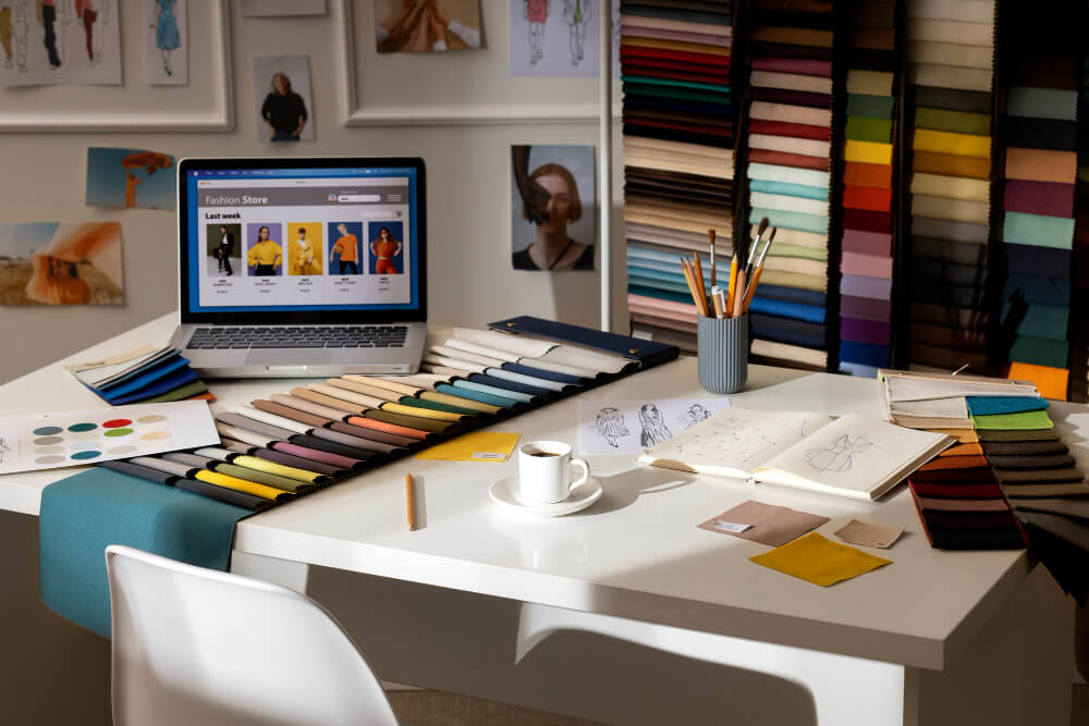 New Hampshire A designer's desk with colorful fabric swatches, an open sketchbook, pencils, a laptop displaying fashion designs that enhance brand identity in the digital era, a color palette, a cup of coffee, and design drawings on the wall. Marketing Agency