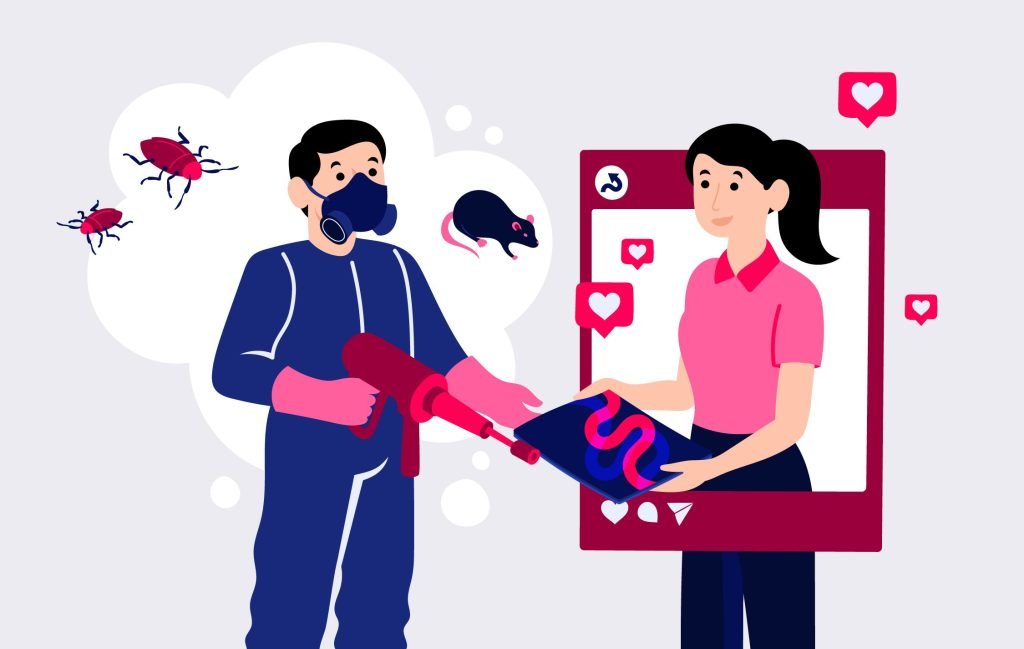 New Hampshire A person in protective gear holds a sprayer, facing another who uses a tablet displaying a pest image—part of an innovative pest control marketing campaign. Insects and a rat hover nearby. Marketing Agency