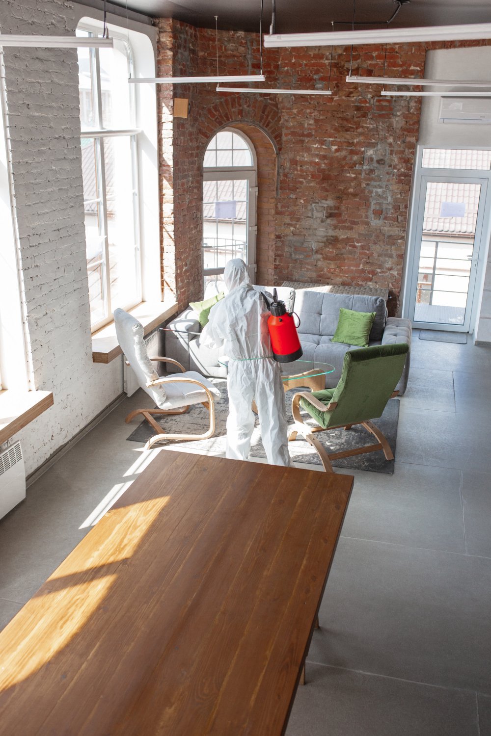 New Hampshire A person in protective gear sprays disinfectant in a rustic, modern living room with exposed brick walls and large windows, showcasing the meticulous care provided by pest control services for homeowners and businesses alike. Marketing Agency
