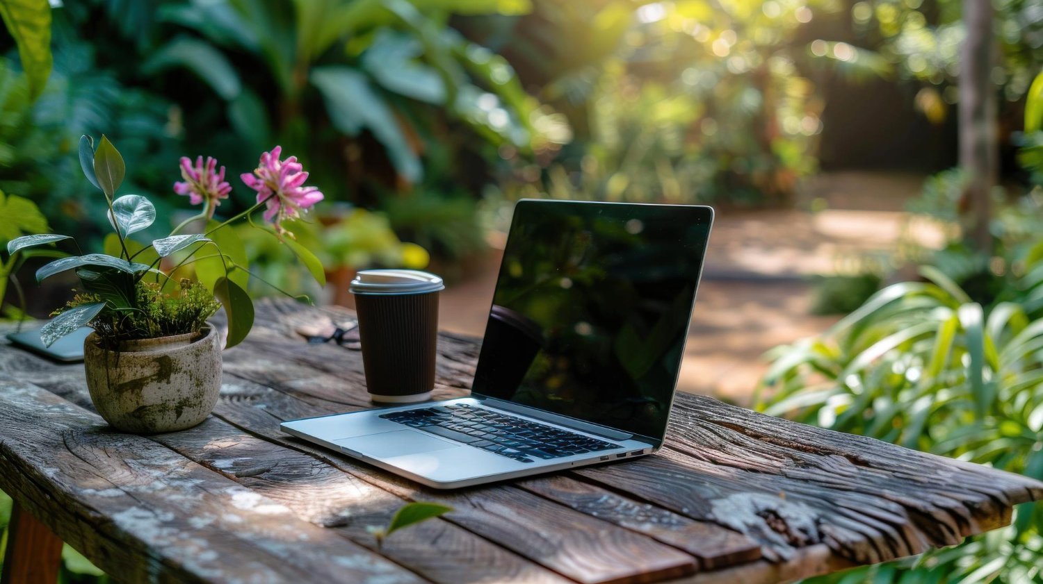 New Hampshire A laptop, a cup of coffee, and a small potted plant are placed on a wooden table outside in a lush, sunlit garden—a perfect spot to strategize with your full-service marketing agency for sustainable growth. Marketing Agency