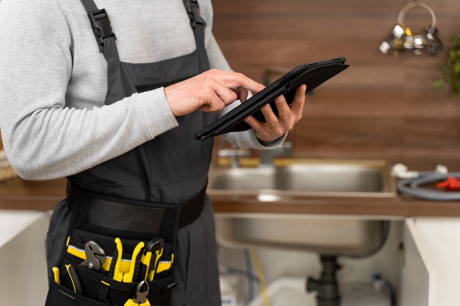 New Hampshire A person in work overalls with a tool belt is using a digital tablet in a kitchen with a sink and various plumbing equipment visible in the background, showcasing strategies that home service companies can adopt from Wunderkind Marketing. Marketing Agency