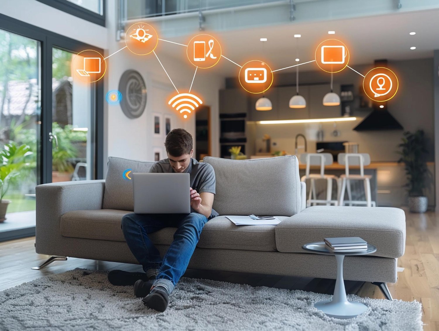 New Hampshire A person using a laptop on a couch in a modern living room, with floating icons representing various smart home technologies and devices connected via Wi-Fi, seamlessly managing digital marketing strategies for home service businesses. Marketing Agency
