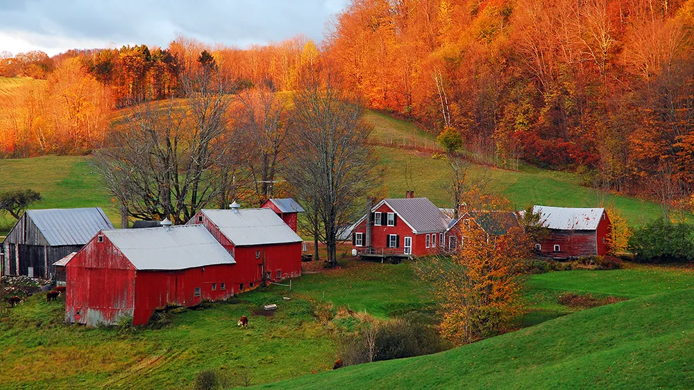 New Hampshire A rural farm scene with several red buildings, surrounded by lush green grass and autumn-colored trees. The sky is partly cloudy. Marketing Agency