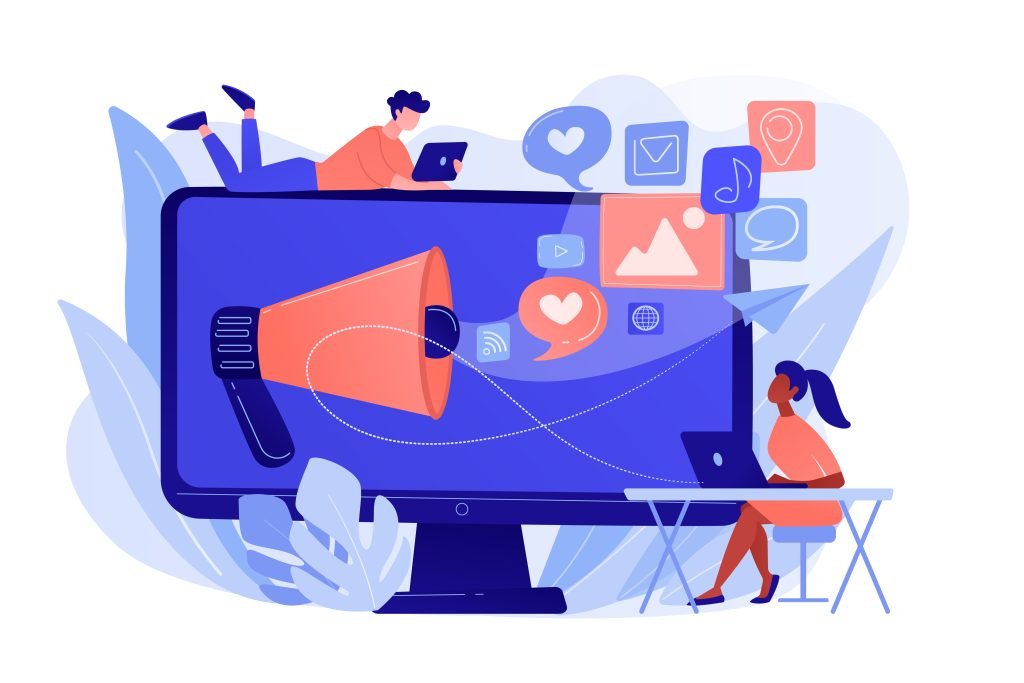 New Hampshire Illustration of a person working on a laptop, surrounded by digital media icons like a megaphone, messages, and music notes on a large screen. Another person from marketing agencies in New Hampshire is atop the screen with their laptop. Marketing Agency