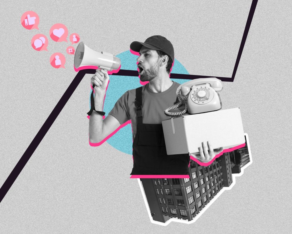 New Hampshire A man in work attire holds a megaphone and a box with a vintage phone against a stylized background, symbolizing a dynamic franchise marketing strategy. Social media icons are visible nearby, highlighting the digital integration of classic communication tools. Marketing Agency