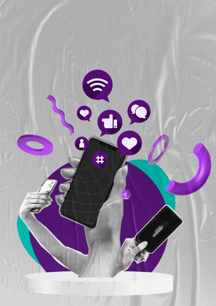 New Hampshire Hands holding smartphones display floating icons for social media, messages, and connectivity against a textured gray background, illustrating the power of a franchise marketing strategy in today's digital landscape. Marketing Agency