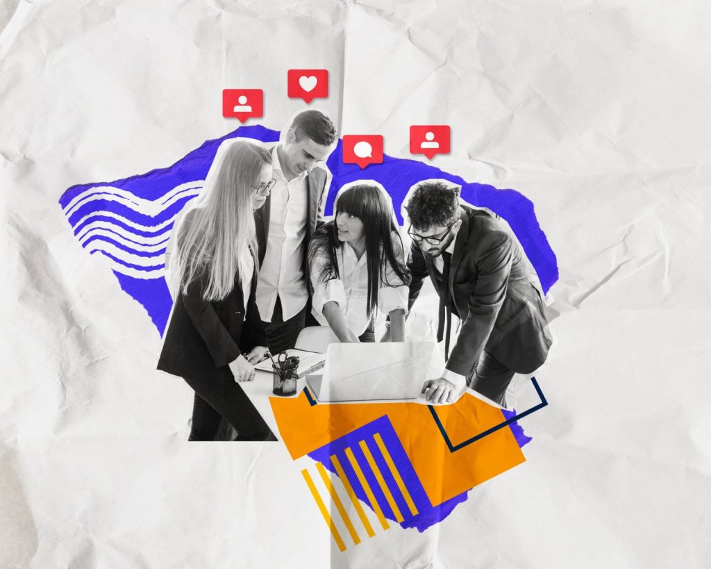 New Hampshire Four people gathered around a laptop, discussing their franchise marketing strategy. Red notification icons hover above them, as if punctuating each point made. The backdrop is an artistic blend of blue waves and orange geometric shapes on a crumpled paper texture, adding depth to their brainstorming session. Marketing Agency