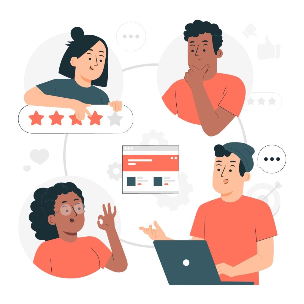 New Hampshire Illustration of four diverse individuals interacting through a virtual platform. One person rates with stars, another contemplates, another gives an OK gesture, and the last person uses a laptop—highlighting effective strategies to improve customer experience. Marketing Agency