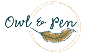 New Hampshire Logo with the text "Owl & Pen" features an illustration of a feather encircled by two thin lines, capturing the precision and creativity often found in top marketing agencies in New Hampshire. Marketing Agency