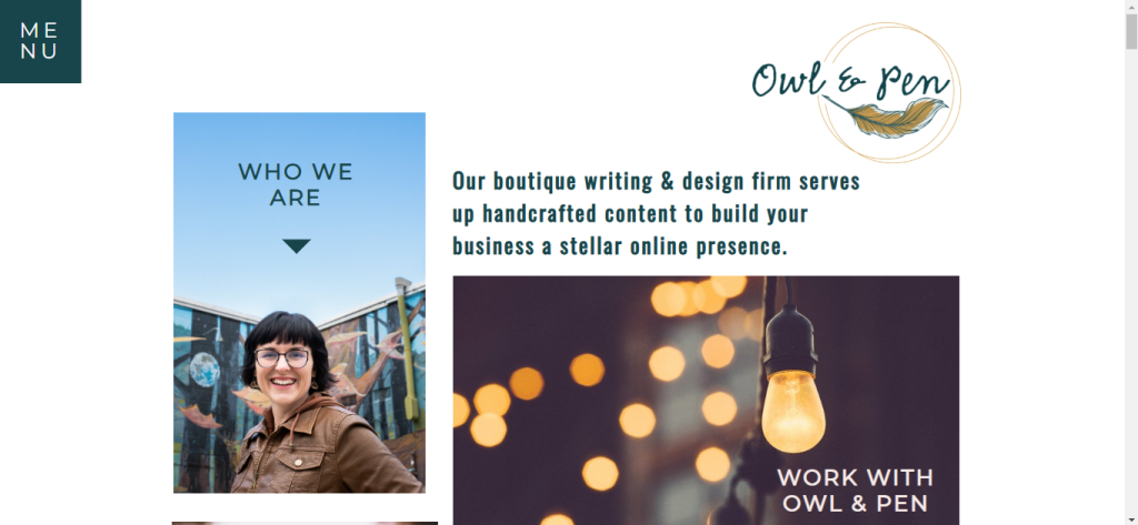 New Hampshire Webpage section for "Owl & Pen." Showcases a smiling portrait, company details on writing and design services, and a close-up of a lit bulb—illuminating creativity that rivals top marketing agencies in New Hampshire. Marketing Agency