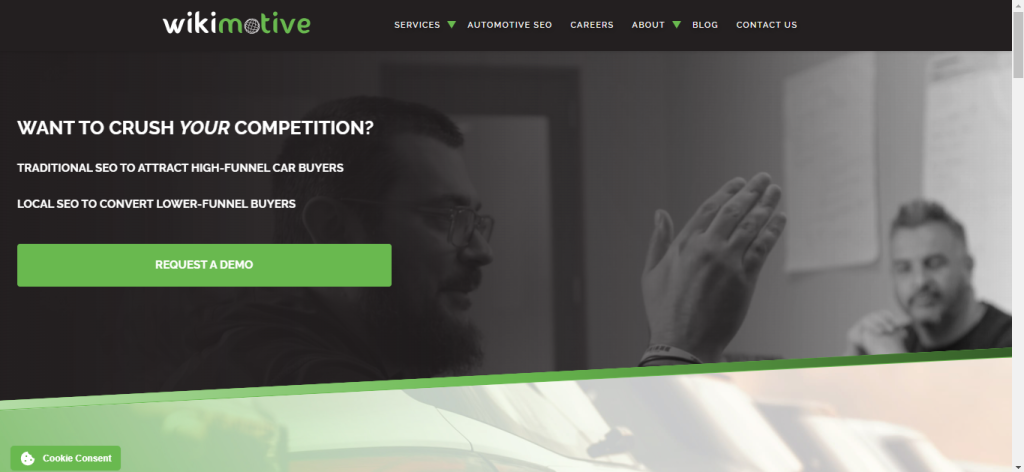 New Hampshire In an office setting, two people engage in a lively discussion. The text asks, "WANT TO CRUSH YOUR COMPETITION?" with options to request a demo. Perfect for marketing agencies in New Hampshire looking to gain that competitive edge. Marketing Agency