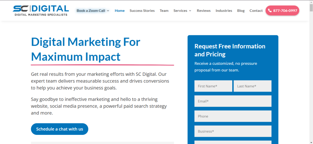 New Hampshire Screenshot of a digital marketing service webpage with the headline "Digital Marketing For Maximum Impact," featuring a form for free information and pricing. Ideal for businesses seeking top-tier guidance, especially those exploring marketing agencies in New Hampshire. Marketing Agency