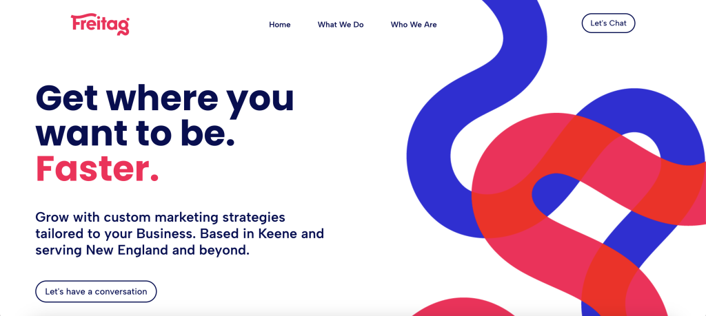 New Hampshire Website screenshot with Freitag logo highlights how marketing agencies in New Hampshire can drive business growth through custom strategies. Navigation menu features Home, What We Do, Who We Are, and Let's Chat. Marketing Agency