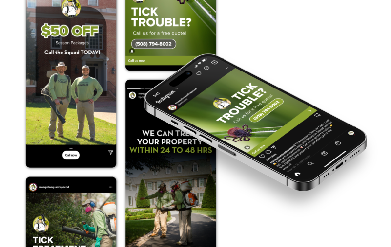 New Hampshire Collage of pest control advertisements showing workers in protective gear, $50 off promo, and contact info. A smartphone displays a social media post about tick trouble. Marketing Agency