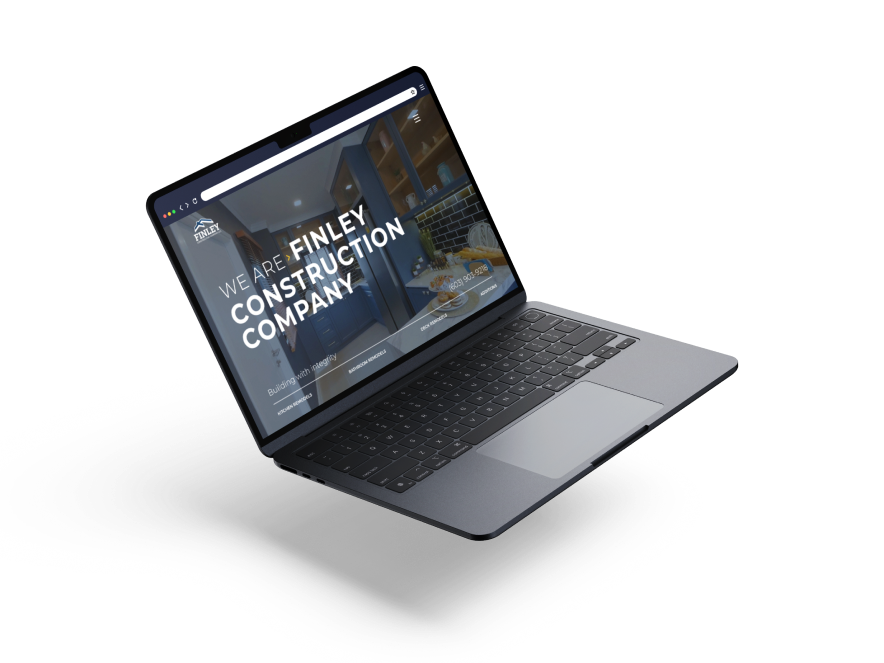 New Hampshire A laptop displaying the homepage of a construction company, featuring a caption "We are Finley Construction Company" and images of construction projects. Marketing Agency