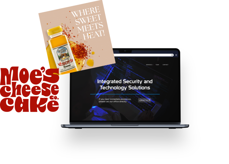 New Hampshire A laptop displaying a website for integrated security and technology solutions. Overlapping the laptop are advertisements for Moe's Cheesecake and a spicy honey product captioned "Where Sweet Meets Heat. Marketing Agency