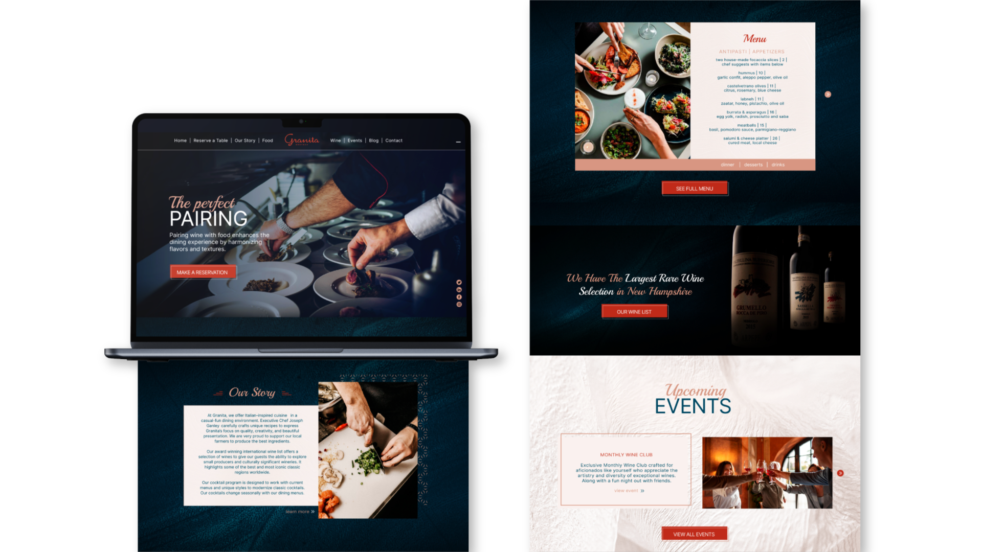 New Hampshire Collage of a restaurant website on a laptop, featuring sections for menu, wine offerings, event details, and about the restaurant. Marketing Agency