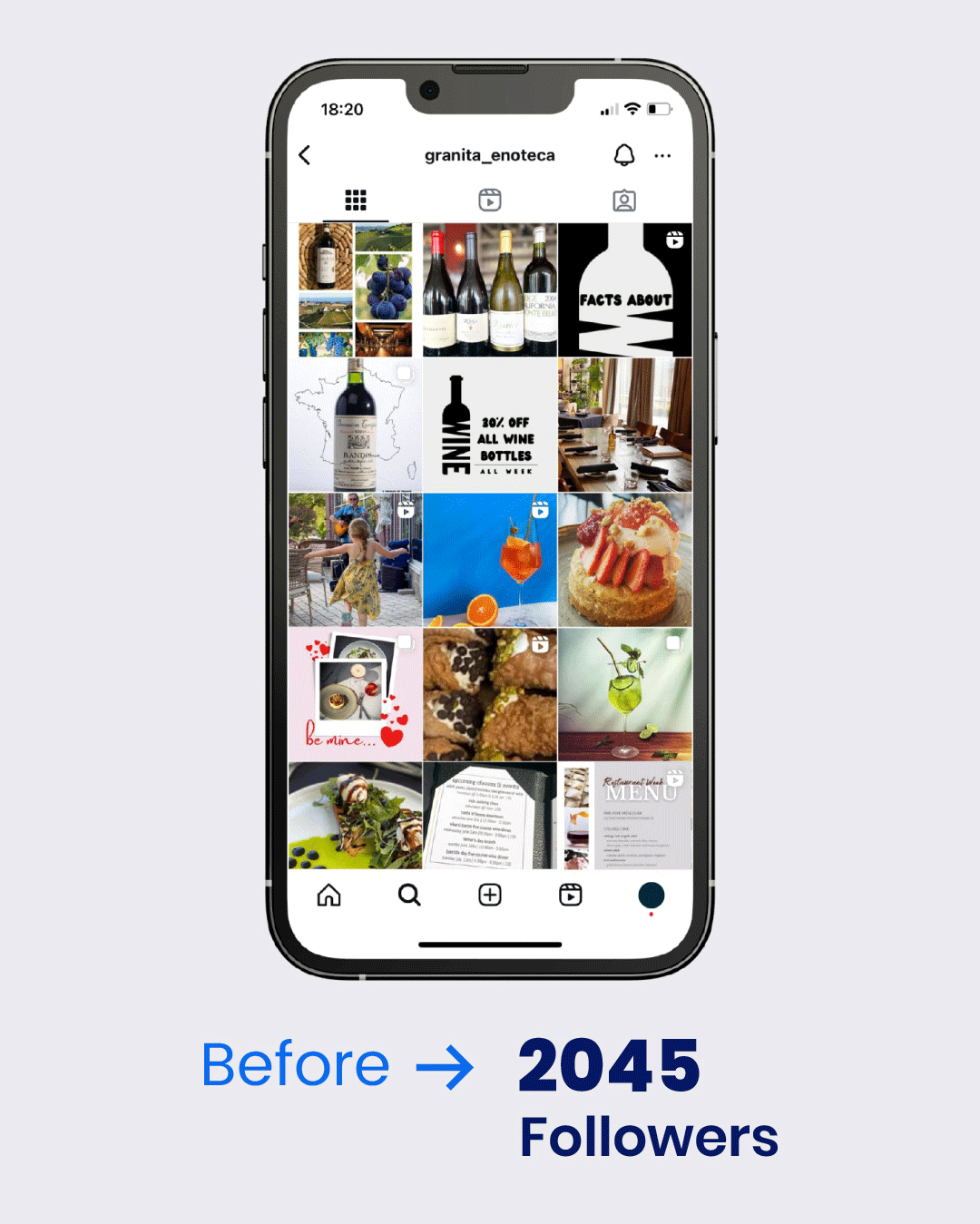 New Hampshire Smartphone displaying an Instagram profile with a grid of food and wine images. Text below reads "Before → 2045 Followers. Marketing Agency