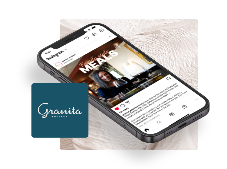 New Hampshire A smartphone showcases an Instagram post highlighting "Family Style Meals" from Granita Enoteca, a perfect case study in community dining. Marketing Agency