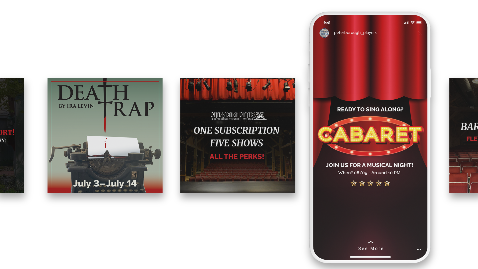 New Hampshire A series of theater advertisements, including "Death Trap" dates, subscription details, and a "Cabaret" musical night invitation on a smartphone screen. Marketing Agency