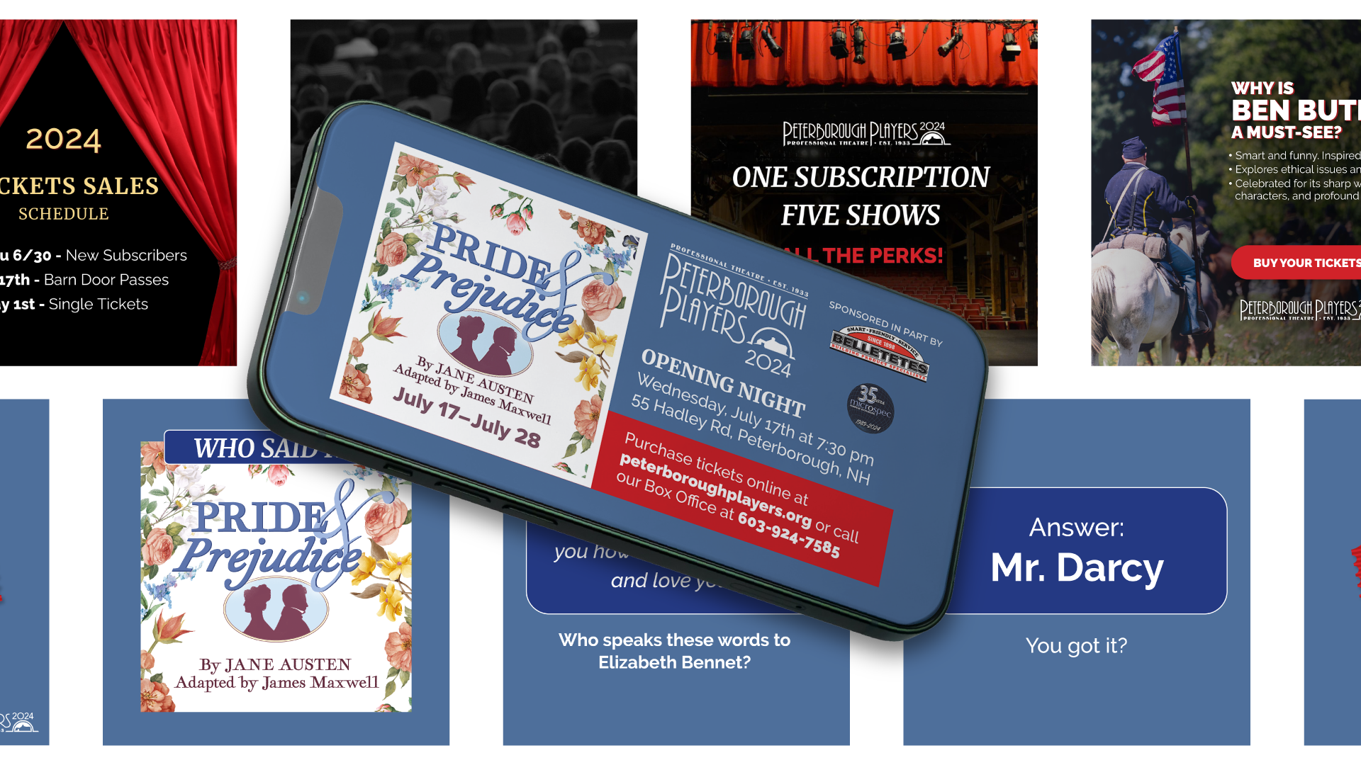 New Hampshire A smartphone displaying a "Pride & Prejudice" promotional image overlaps several themed banners and advertisements. Marketing Agency