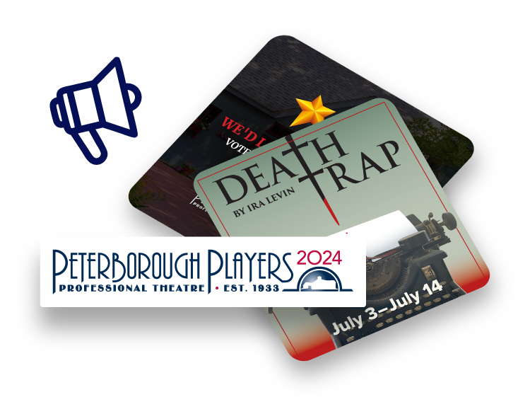 New Hampshire Peterborough Players 2024 season announcement featuring "Deathtrap" by Ira Levin, running from July 3 to July 14. Megaphone icon in the background. Marketing Agency