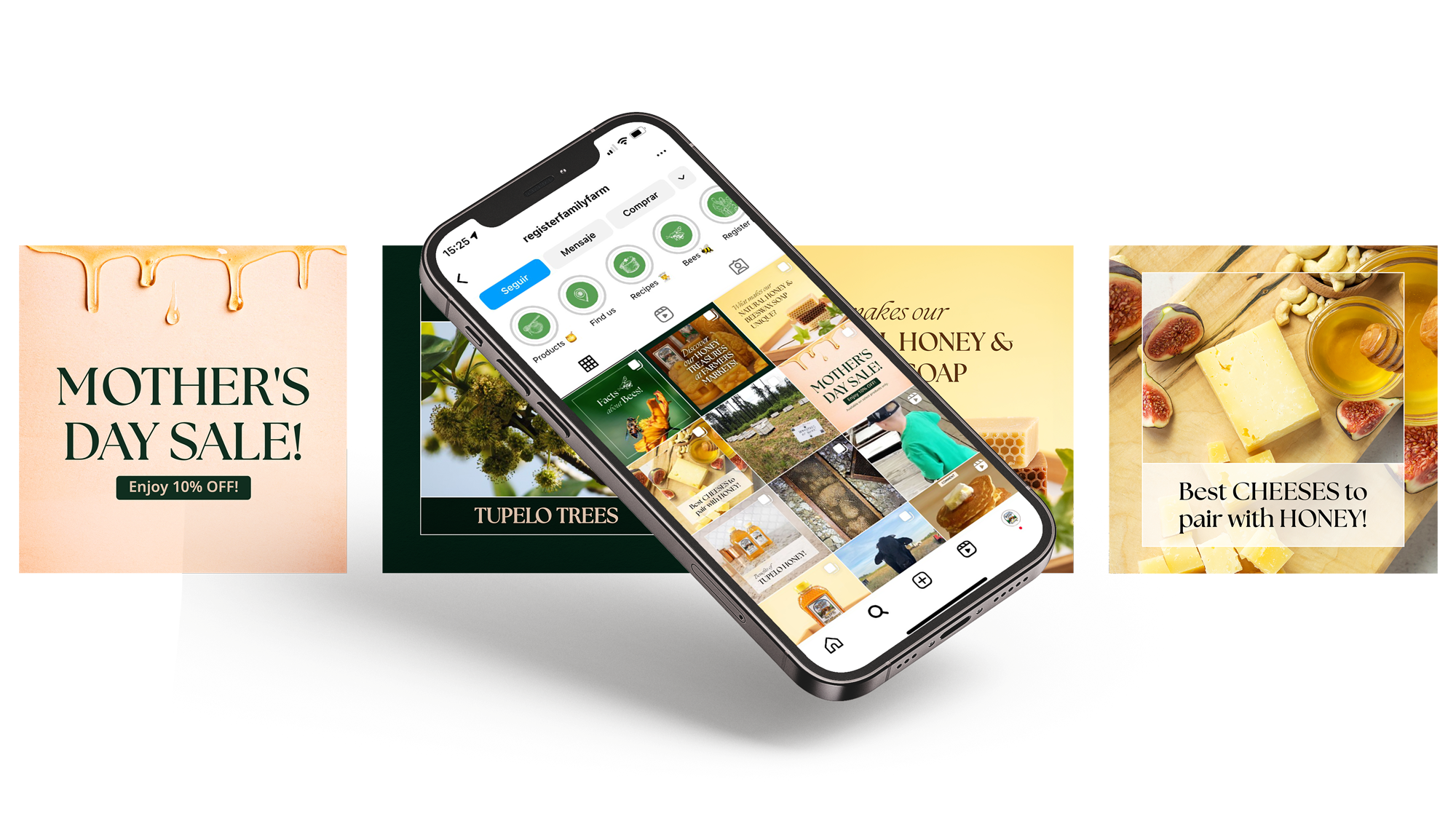New Hampshire Smartphone displaying a social media feed surrounded by promotional cards featuring honey-themed products and offers, including a Mother's Day sale and cheese pairing suggestions. Marketing Agency