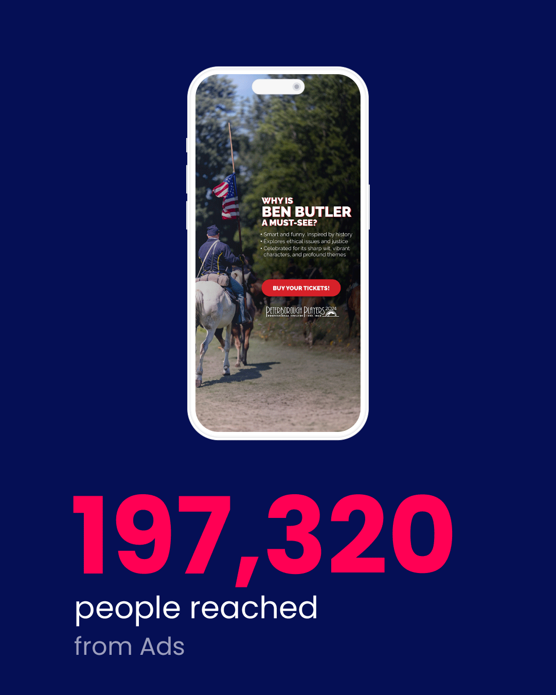 New Hampshire Mobile phone displaying an ad about "Ben Butler" with a person on horseback holding a flag. Below, text states "197,320 people reached from Ads. Marketing Agency