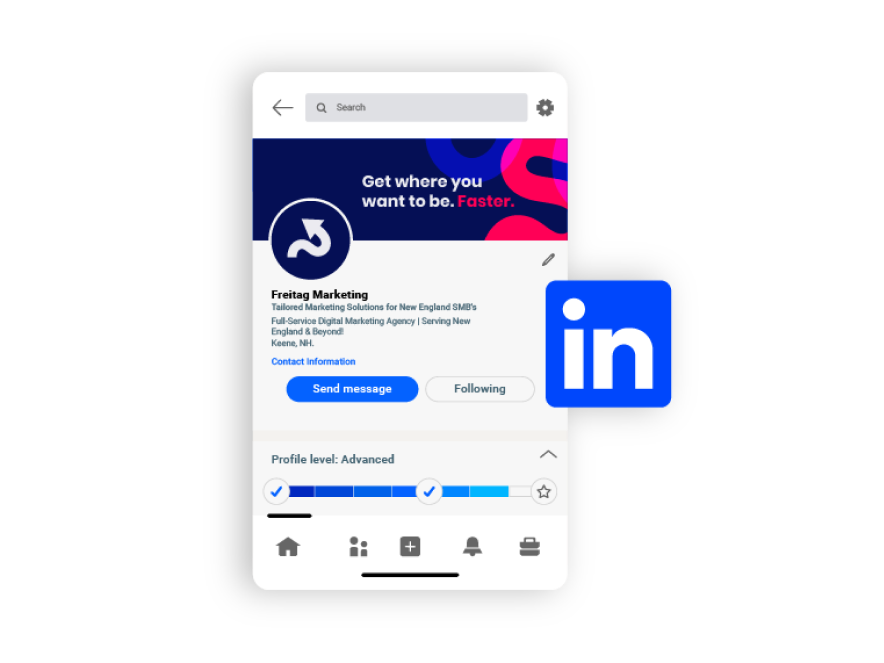 New Hampshire A smartphone displays a LinkedIn profile for Freitag Marketing, featuring a colorful banner and options to send a message or follow. A LinkedIn logo is nearby. Marketing Agency