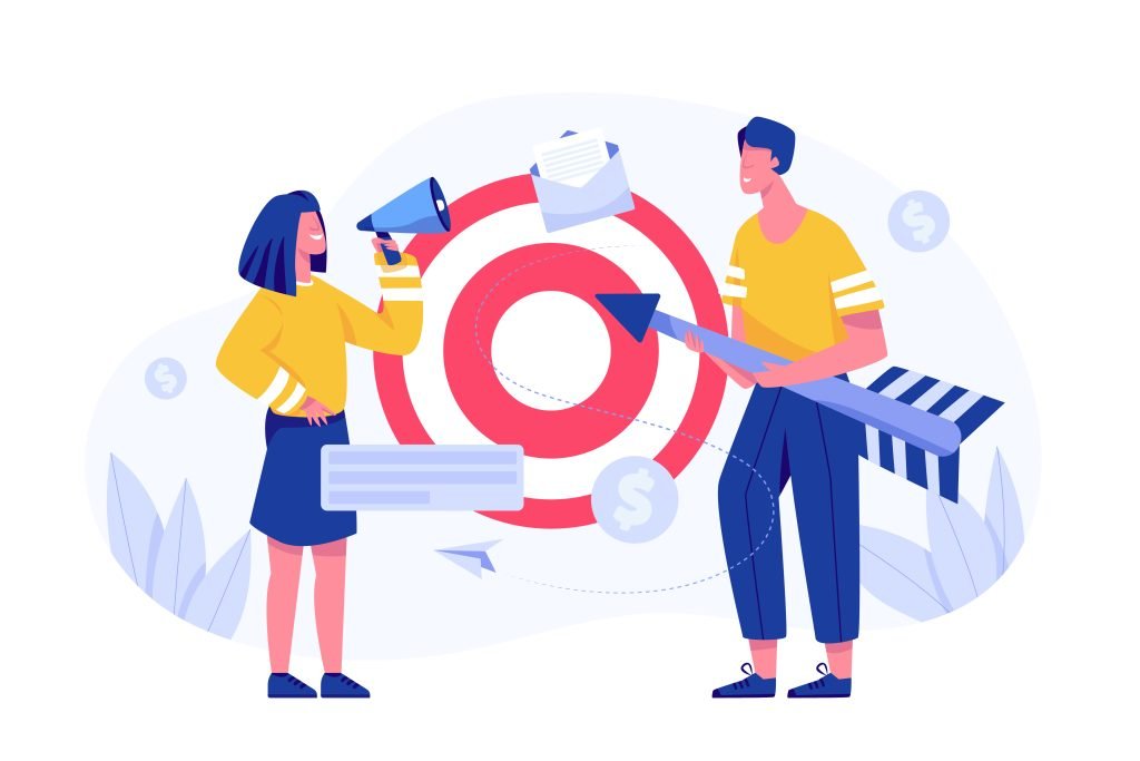 New Hampshire Two people engage with a large target in the background. One wields a megaphone while the other grips a giant arrow, showcasing proven strategies. Floating icons symbolize documents and currency, crafting an effective marketing plan. Marketing Agency