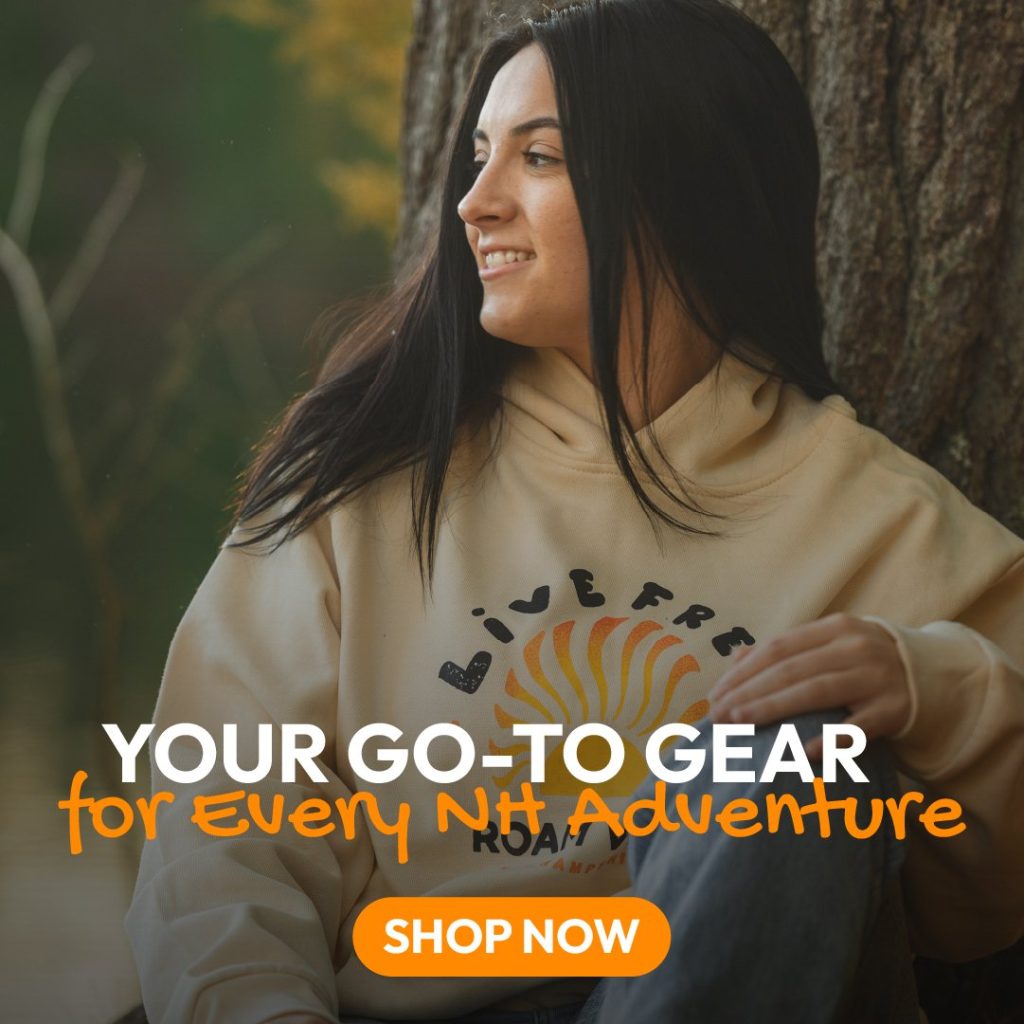 New Hampshire Woman in a beige hoodie sits by a tree with "Your Go-To Gear for Every NT Adventure" text overlay. Discover the proven strategies behind our designs. "Shop Now" call-to-action button included. Marketing Agency