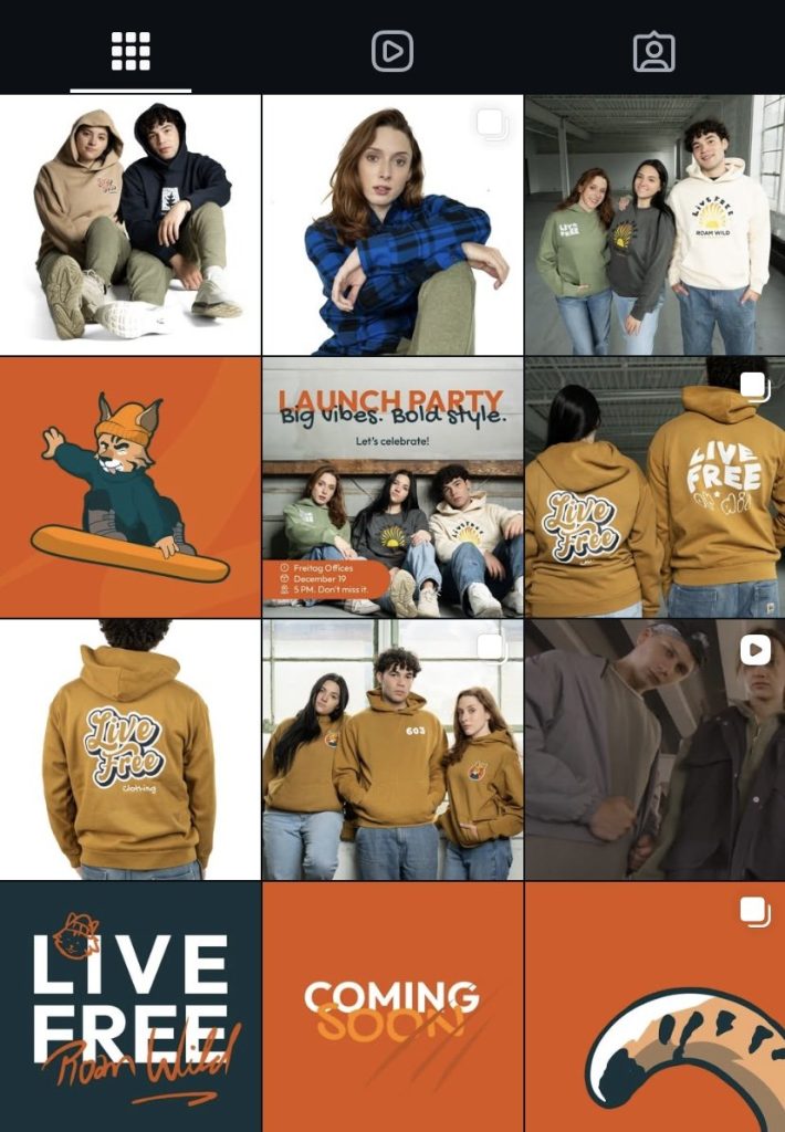 New Hampshire Screenshot of a social media grid displaying clothing items, people modeling various outfits, and text like “LIVE FREE” and “COMING SOON.” This dynamic showcase highlights our proven strategies in fashion branding, blending vibrant illustrations with compelling storytelling. Marketing Agency