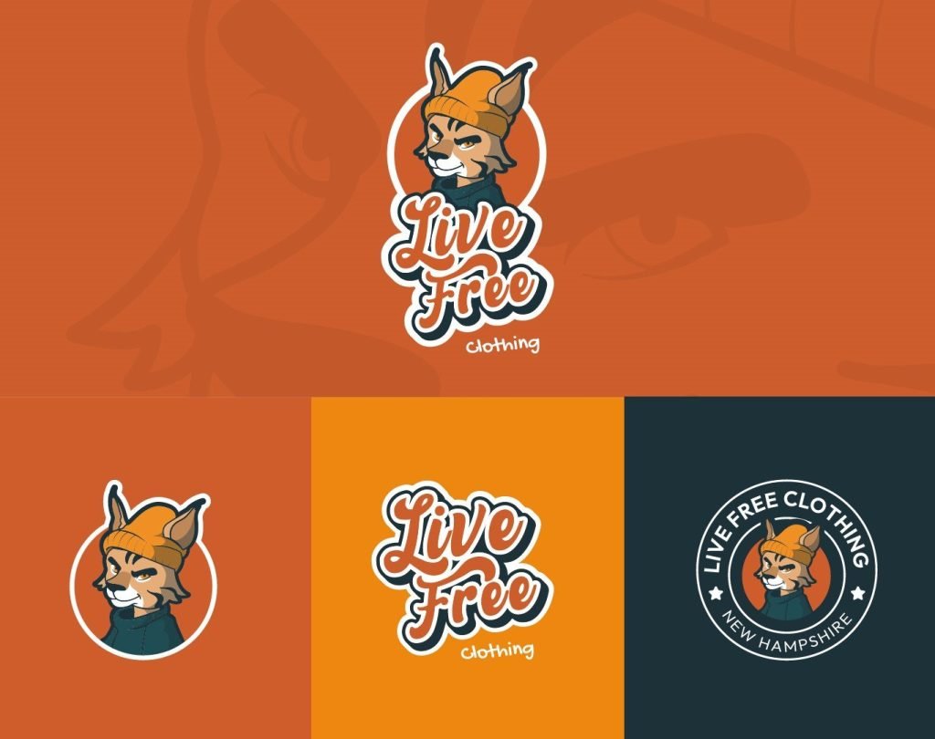 New Hampshire Orange and black logo for "Live Free Clothing" featuring a cartoon fox in a beanie and a circular emblem with "New Hampshire," all crafted with proven strategies that highlight the brand's playful spirit. Marketing Agency