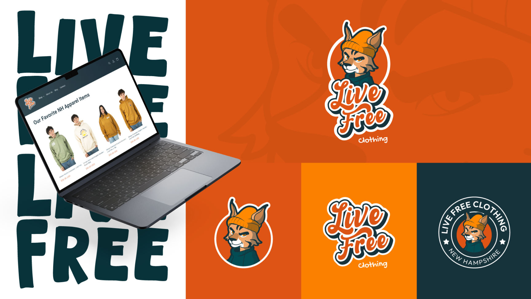 New Hampshire Laptop displaying a clothing website, surrounded by "Live Free" text, and fox-themed apparel logos with the phrase "Live Free Clothing. Marketing Agency