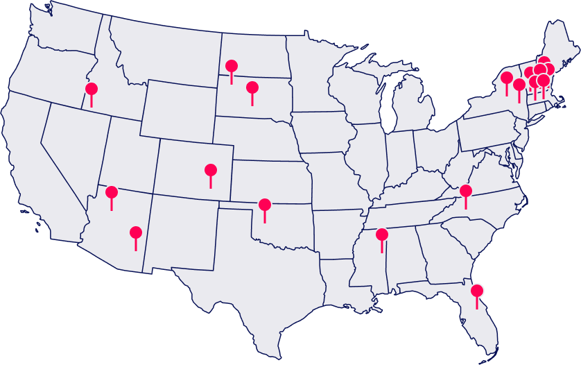 New Hampshire Map of the United States with red location markers in various states, showing concentrated markers in the Northeast region. Marketing Agency