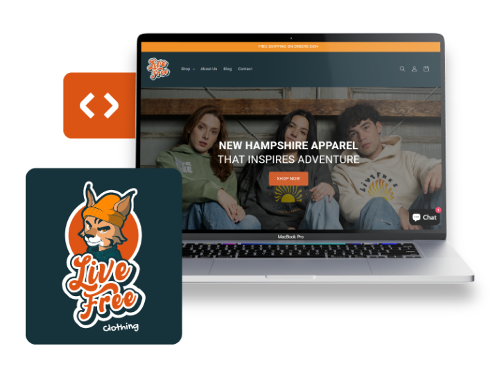 New Hampshire Laptop displaying a clothing brand website with three people in casual attire; one wears a hoodie and another a hat. Brand logo "Live Free" featuring a fox in the corner. Marketing Agency