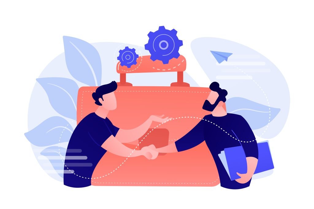 New Hampshire Two people shaking hands in front of a large briefcase with gears, representing collaboration. One holds a folder. Background features abstract leaves and a paper plane. Marketing Agency