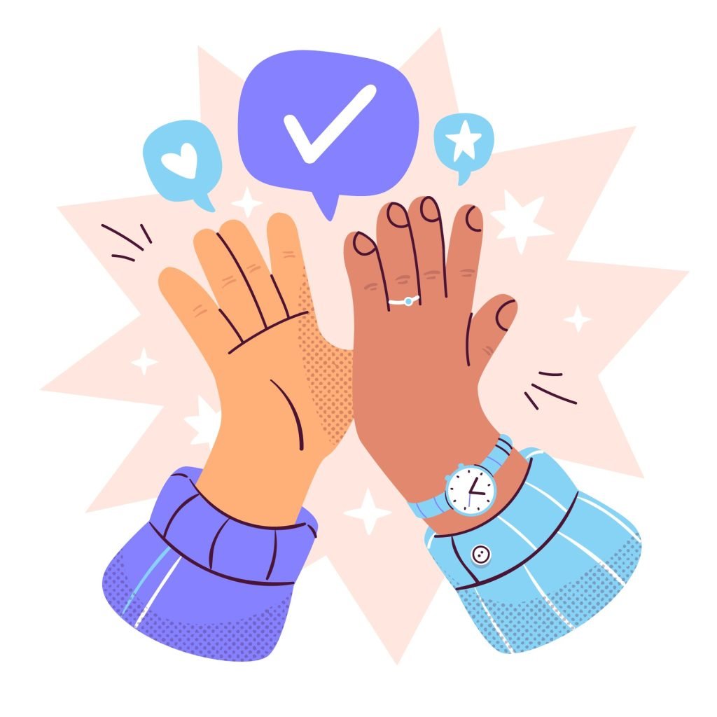 New Hampshire Two hands high-fiving, one with a watch. Speech bubble with a check mark above. Stars and a heart float nearby. Marketing Agency