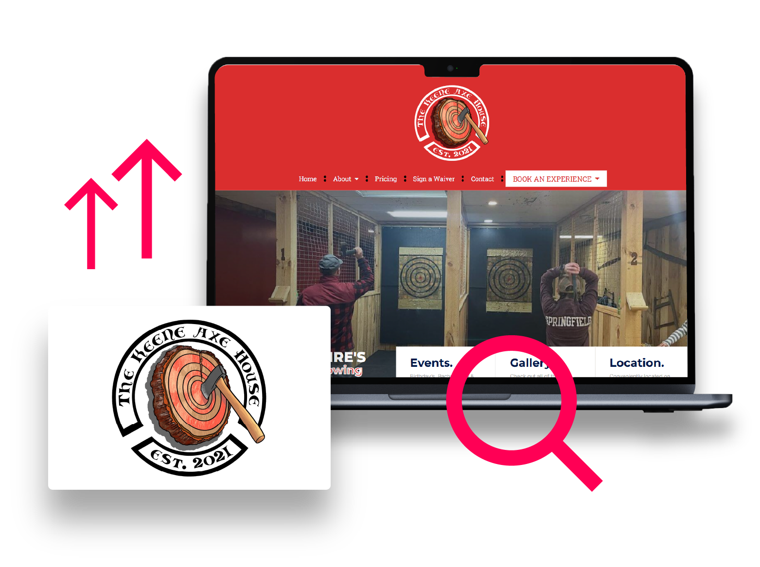 New Hampshire A laptop displays a website for "The Keene Axe House" featuring axe throwing lanes. The logo and navigation options are visible alongside a magnified logo. Marketing Agency