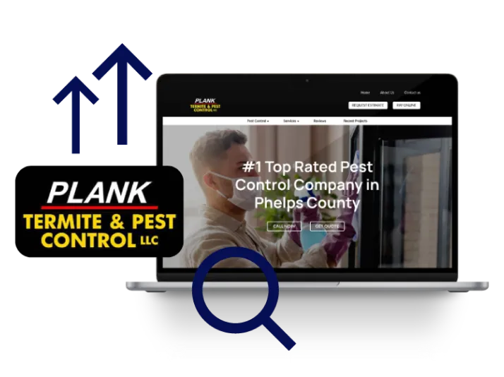 New Hampshire Laptop displaying a website for Plank Termite & Pest Control LLC, described as the top-rated pest control company in Phelps County. The image includes arrows and a magnifying glass graphic. Marketing Agency